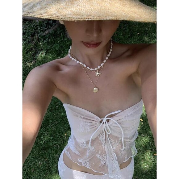 Women's Seashell Starfish Summer Pearl Beach 14k Gold Layered Dainty Choker - Picture 3 of 7